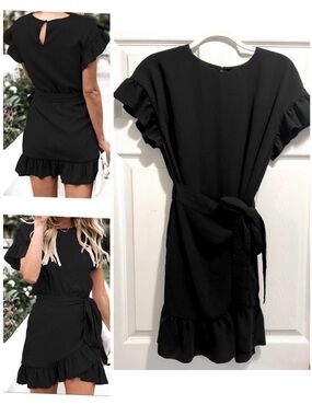 WILFRED Aritzia Ninette Dress Black Crepe Ruffle Trim Mini Wrap Dress Size Small